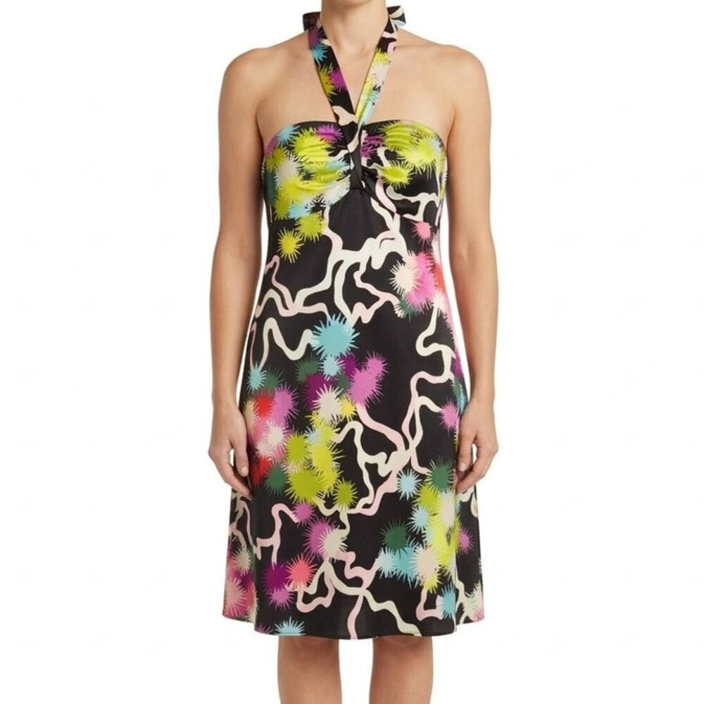 Trina Turk Y2K Abstract Black Pink Green Neon Silk Satin Halter Dress size 8